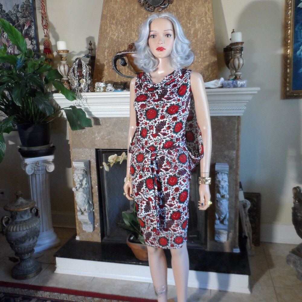 Balenciaga 2011 Nicolas Ghesquière Red Floral Dress w/Draped Back Detail Size 10